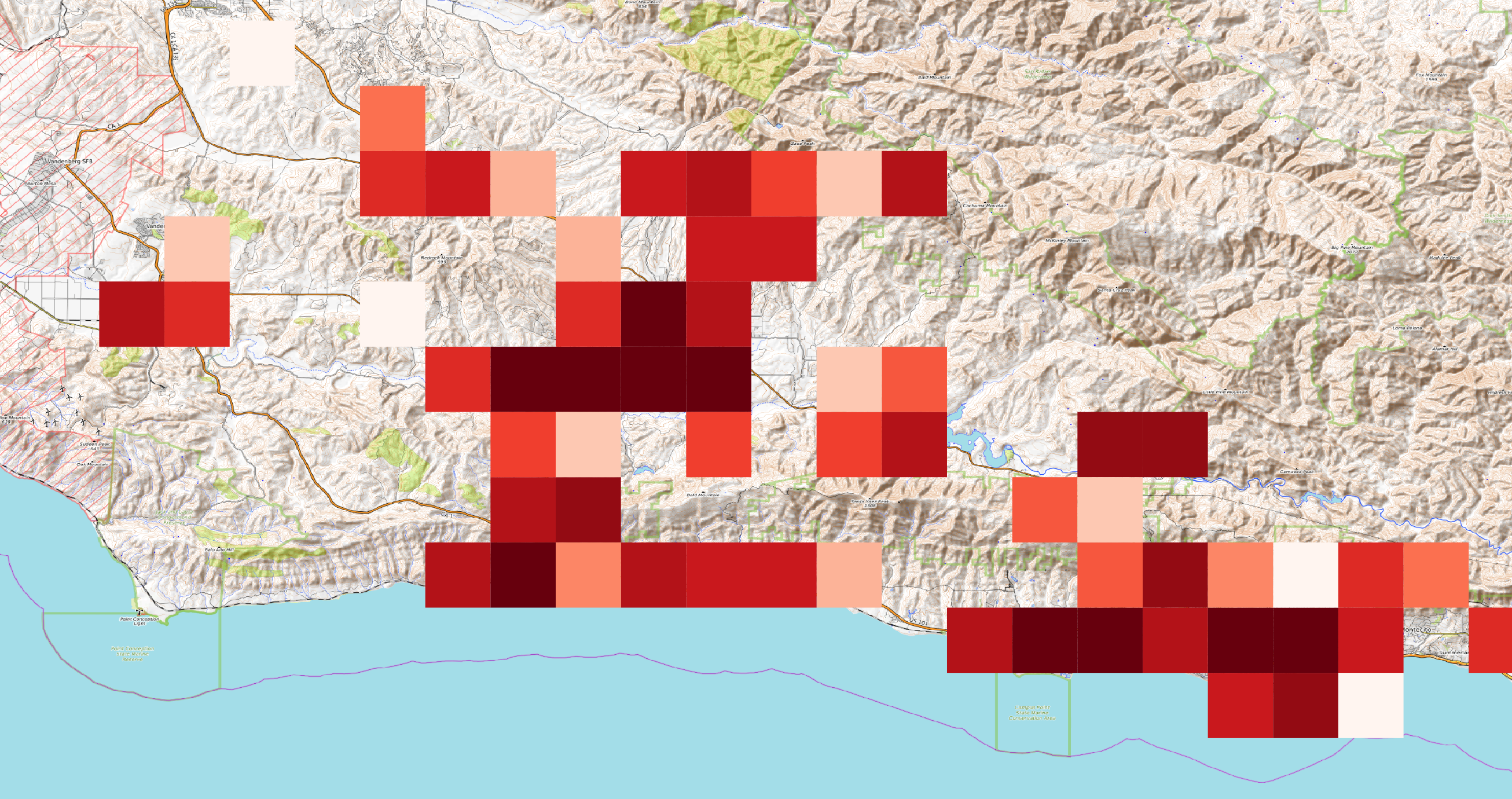 Heatmap of point density at a very broad pixel size covering roughly the Santa Barbara County area.