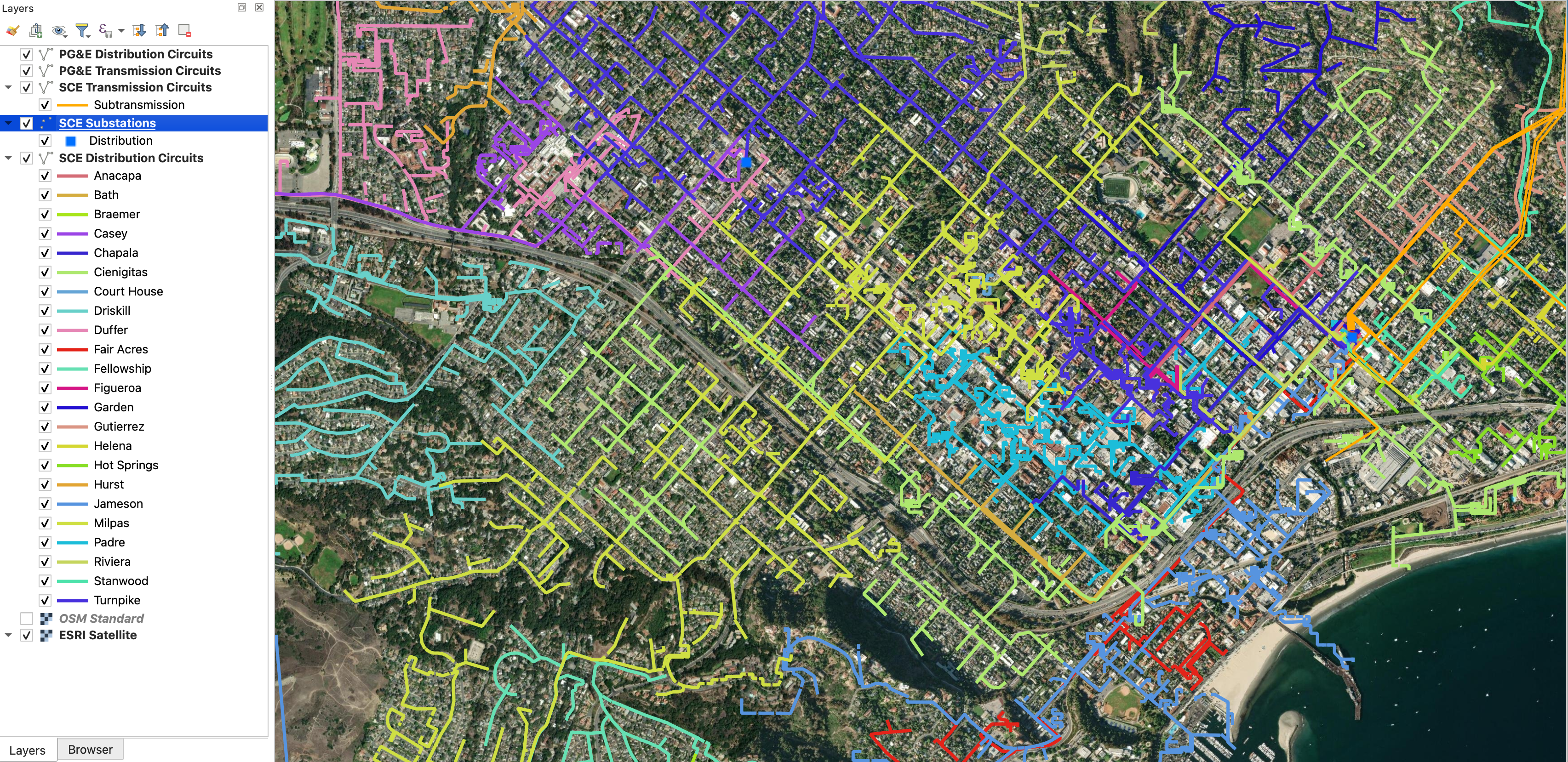 Screenshot of QGIS showing downtown Santa Barbara City with a satellite basemap and focusing on the distribution networks. The Legend is scoped to visible items and shows all the named circuits.