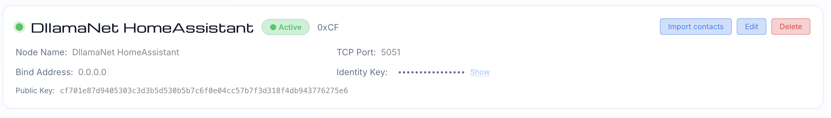 Screenshot of openHops's companion info page displays, showing a companion named DllamaNet HomeAssistant, with all the relevant mesh information and tcp connection details provided.