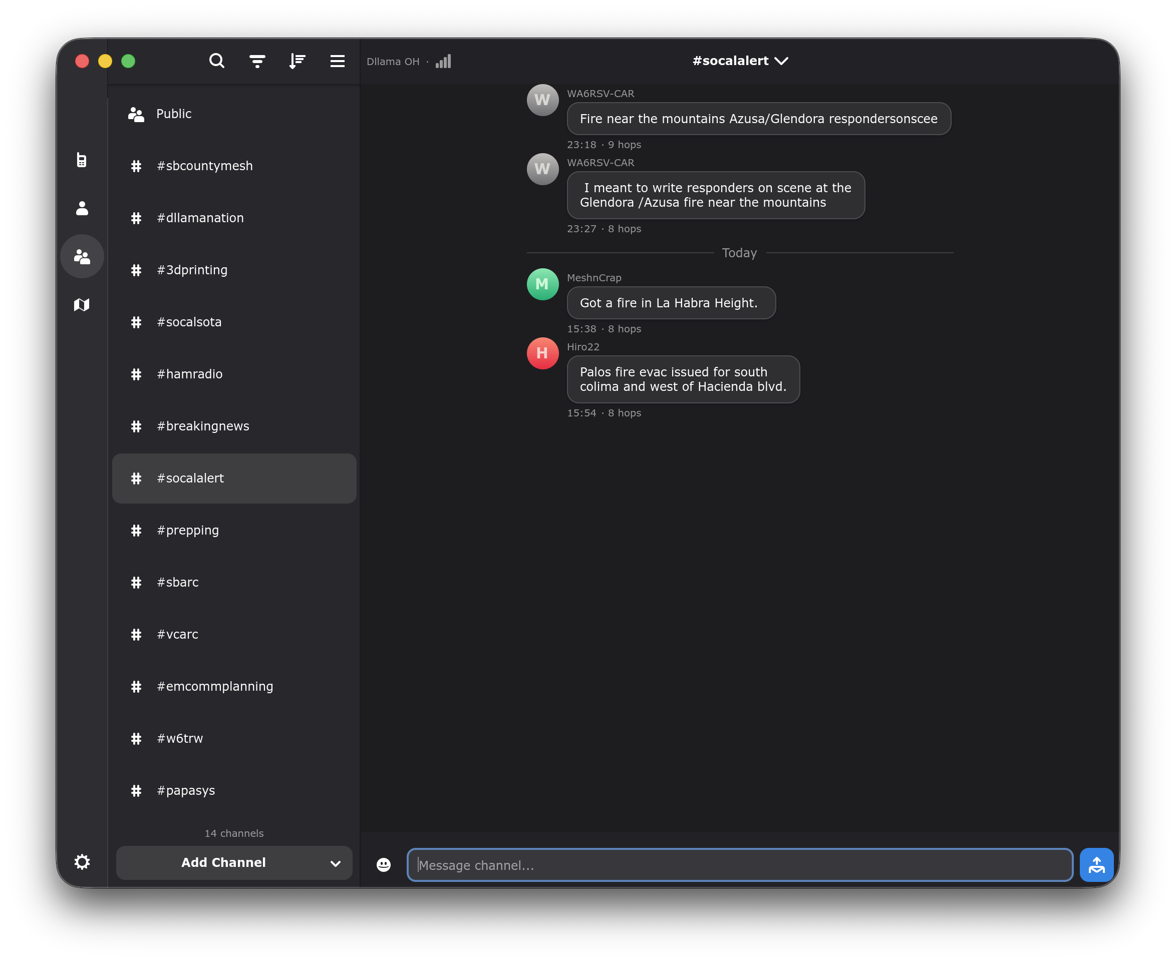Screenshot of Meshy's chat page, showing the #socalalert channel open with several posts about SoCal events, including a fire near Glendora and a fire with evacuations in La Habra Heights.